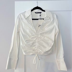 Zara Long sleeved White Cropped Blouse with a deep V-Neckline & Flat Collar